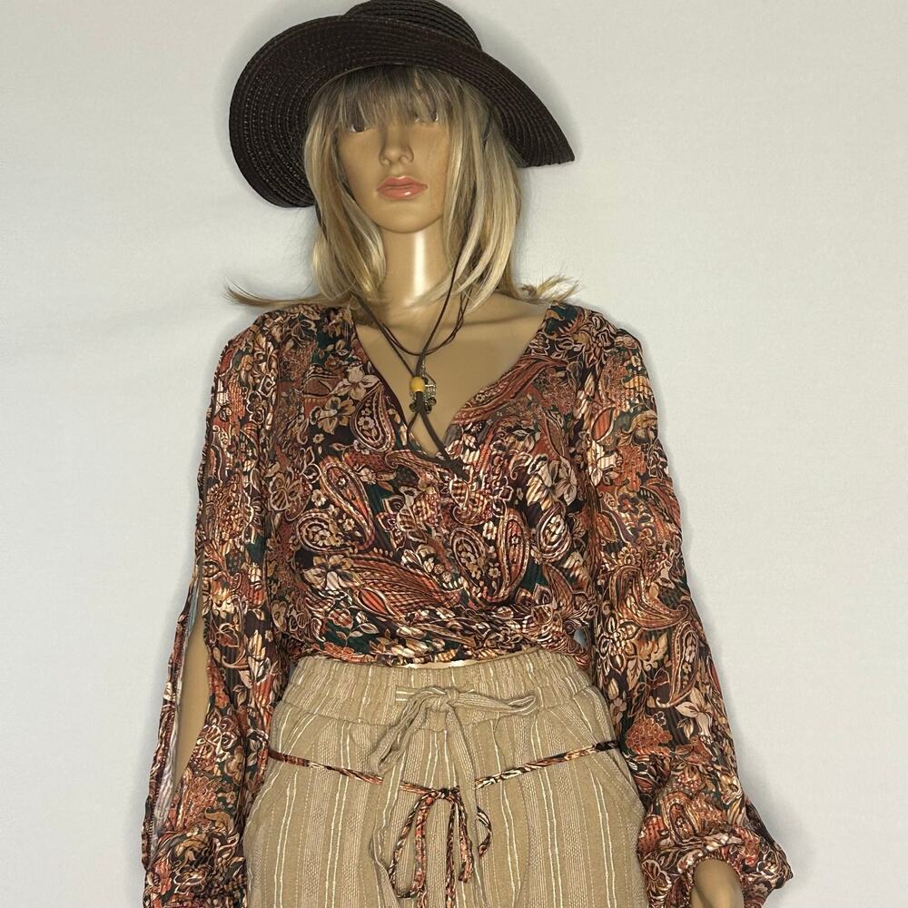 Willow + Root Boho Paisley Open Sleeve Peasant Blouse Women’s Small Brown Rust